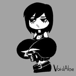 1girls animated belt big_breasts black_hair breasts breasts_bigger_than_head eyelashes female finger_gun goth goth_girl jiggle jiggling_breasts tank_top tequila_(void_aloe) void_aloe