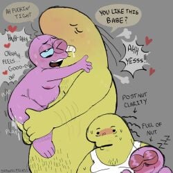 <3 2boys anal anal_sex artist_name charlie_(smiling_friends) cum cum_inside dialogue drooling gay gay_sex heart hearts holding_hips one_eye_closed pim_(smiling_friends) post_nut_clarity satanicpicnic size_difference smiling_friends speech_bubble sweating tight_anal toony