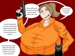 1girls auroch_nsfw feline gun hoodie marie_(auroch_nsfw) original_character speech_bubble text text_bubble top_heavy