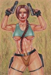 akimbo armpits athletic athletic_female belt big_breasts braid breasts brown_eyes brown_hair busty crop_top dual_wielding edithemad female female_focus female_only fingerless_gloves fully_clothed gun guns holster hourglass_figure lara_croft lara_croft_(classic) lipstick long_hair makeup navel pistol revealing_clothes shiny_skin skimpy_clothes tagme thigh_holster thong tomb_raider toned toned_female underboob wide_hips
