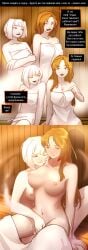 2girls big_breasts blonde_hair blush dialogue fingering green_eyes library_of_ruina long_hair multiple_girls myo_(lobotomy_corporation) nude olga_(library_of_ruina) pale_skin project_moon red_eyes russian_text sauna short_hair sitting steam towel towel_only upscaled white_hair yuri