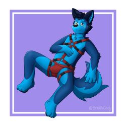 1:1 3_toes absurd_res anthro bedroom_eyes biped black_ears black_nose black_pawpads blue_body blue_fur blue_inner_ear blue_tail broitscody canid canine canis clothing feet fur grey_eyes hand_on_chest harness hi_res inner_ear_fluff jockstrap looking_at_viewer male male_only mammal multitoned_fur narrowed_eyes pawpads seductive solo tail toes tuft two_tone_tail underwear watermark wolf