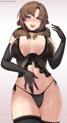 belly_button big_breasts black_armwear black_legwear black_panties blush brown_hair choker do_you_love_your_mom_and_her_two-hit_multi-target_attacks? erect_nipples eyebrows_visible_through_hair female female_only gloves hair_on_shoulders hand_on_stomach hioyami hourglass_figure lingerie lingerie_only looking_at_viewer mature_female nipples nipples_visible_through_clothing oosuki_mamako open_mouth patreon_username purple_eyes red_lipstick see-through simple_background sweat thick_thighs thighhighs tsuujou_kougeki_ga_zentai_kougeki_de_ni-kai_kougeki_no_okaasan_wa_suki_desu_ka?