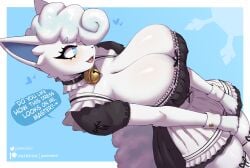 2024 alice_(gammainks) alolan_form alolan_vulpix anthro artist_name bell bell_collar big_breasts blue_eyes breasts cleavage clothed clothing collar dialogue digital_media_(artwork) english_text female gammainks generation_7_pokemon hair hair_over_one_eye hi_res huge_breasts looking_at_viewer maid maid_uniform nintendo open_mouth pokemon pokemon_(species) regional_form_(pokemon) simple_background smiling smiling_at_viewer solo speech_bubble talking_to_viewer text vulpix