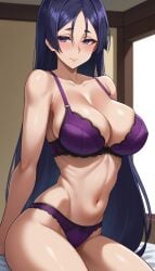 1girls ai_generated artist_request belly_button black_hair bra fate/grand_order fate_(series) female_only huge_breasts large_breasts lingerie long_hair looking_at_viewer minamoto_no_raikou_(fate) panties purple_eyes purple_lingerie seductive_smile smile solo solo_female source_request underwear