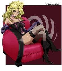 bare_shoulders black_boots blonde_female blonde_hair choker corset crossed_legs dominatrix female femdom kujaku_mai legs_crossed long_gloves looking_at_viewer mai_valentine riding_crop sitting_on_chair sitting_on_couch solo_female stockings yu-gi-oh!