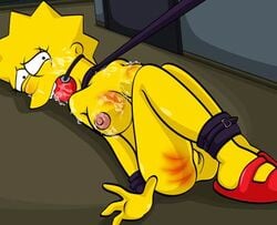 20th_century_studios accurate_art_style ball_gag batothecyborg bondage bound_ankles bound_arms breast_spanking breasts collar female female_only gag gagged human leash leash_pull lisa_simpson nipple pain punishment red_shoes solo spank_marks tagme tears the_simpsons yellow_body yellow_skin