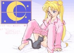 1girls bishoujo_senshi_sailor_moon clothing cunnilingus domestic_cat feline feral kiraboshi licking licking_pussy luna_(sailor_moon) oral pajamas pubic_hair pussy tongue translated usagi_tsukino zoophilia