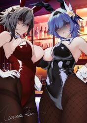 2girls arlecchino_(genshin_impact) big_breasts black_hair blue_hair blush breasts bunny_ears bunnysuit eula_(genshin_impact) female_only fishnets genshin_impact large_breasts multicolored_hair multiple_girls purple_eyes red_eyes theresa_eu thick_thighs thighs white_hair x-shaped_pupils