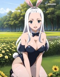 1girls ai_generated blesseddo blue_eyes bunny_ears bunny_tail cleavage fairy_tail long_hair looking_at_viewer mirajane_strauss playboy_bunny solo thighhighs thighs white_hair