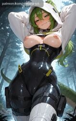1girls ai_generated areolae arknights arknights:_endfield arms_behind_head arms_up belly belly_button big_breasts blush bodysuit breasts breasts_out camel_toe cameltoe cleavage exposed_breasts exposed_nipples female female_focus fingerless_gloves fluorite_(arknights:_endfield) gloves green_eyes green_hair green_scales green_tail hairclip hi_res hood hood_up hoodie hourglass_figure huge_breasts humanoid large_breasts legs light_skin lizard_girl lizard_tail long_hair looking_at_viewer looking_down midriff naked narrow_waist navel nipples no_bra no_panties nude nude_female patreon perky_breasts perky_nipples phidia ponytail pussy_visible_through_clothes raining remoraart scales scalie skin_tight skindentation skinny skinsuit slim slim_waist smile snake_girl snake_tail solo_focus stomach straight sweat tail thick_thighs thighs tight_clothes tight_clothing torn_bodysuit uncensored watermark white_pupils wide_hips