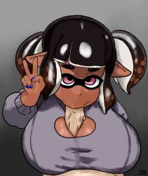 1boy 1girls blowjob blowjob_face dark-skinned_female huge_breasts inkling_boy inkling_girl light-skinned_male paizuri sloppy_blowjob splatoon teztaz titjob