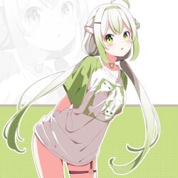 1girls animal_ears breasts female ferret ferret_girl green_eyes green_highlights laimu lime multicolored_hair rojogawnina solo vinesauce virtual_youtuber white_hair