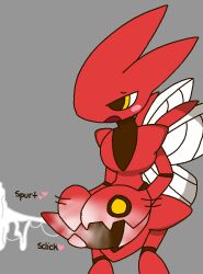 1boy abdomen anthro blush cum cum_on_penis english_text generation_2_pokemon gray_background heart insect_abdomen insect_wings insects komatosse male male_only masturbating masturbation metallic_body penis pezi plain_background pokémon_(species) pokemon pokemon_gsc red_skin scizor self_upload simple_background tapering_penis text wings yellow_eyes