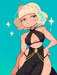 1girls ai_generated aqua_eyes bare_hips belly_chain black_dress blonde_hair cleavage cleavage_cutout criss-cross_halter freckles hand_on_hip jackie_lynn_thomas jewelry large_breasts losforry_custom pelvic_curtain short_hair smile solo star_vs_the_forces_of_evil wide_hips yomorio_lingerie