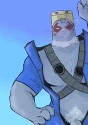 2017 anthro beard biped clothed clothing digital_media_(artwork) eyewear facial_hair fur goggles goggles_on_forehead goggles_on_head heart hi_res humanoid_penis looking_at_viewer male male_only mammal marine markings muscular muscular_male my_hero_academia nipples pecs penis pinniped pubes seal selkie_(my_hero_academia) simple_background smile solo tohfu whiskers