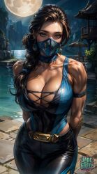 abs ai_generated alliance) asian asian_female athletic_female big_breasts black_hair blue_armwear cleavage cleavage_cutout curvy eyes face_mask feet_out_of_frame huge_breasts jadegretz kitana kitana_(mk:deadly_alliance) midriff midriff_cutout mortal_kombat mortal_kombat_deadly_alliance navel netherrealm_studios straight_hair thick thick_thighs voluptuous voluptuous_female wide_hips