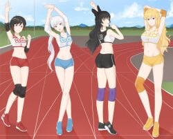 4girls black_hair blake_belladonna blonde_hair female female_only gym_clothes gym_shorts gym_uniform human multiple_girls red_hair ruby_rose rwby seshirukun team_rwby tight_clothing weiss_schnee white_hair yang_xiao_long