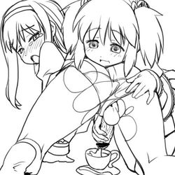 2girls akemi_homura bent_over blush cum cum_in_cup ejaculation futanari human intersex looking_back madoka_kaname mahou_shoujo_madoka_magica orgasm panties panties_aside penis school_uniform shinama teacup tears torn_clothes