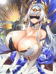 blind_princess blindfold blindfolded blindfolded_female gigantic_breasts last_origin round_breasts slim slim_waist smile top_heavy