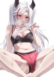 after_exercise azur_lane barefoot blush bra exhausted large_breasts lotus_position mole_on_breast prinz_eugen_(azur_lane) shirt_lift short_shorts sitting sportswear steam steaming_body sweat thighs underwear very_sweaty