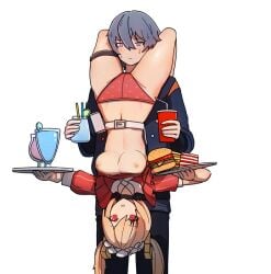1boy 1boy1girl 1girl 1girls bare_chest blonde_hair blonde_hair_female boobs breasts burnice_white burnice_white_(operation_yum_2025) dorahdew drinks female floating_hair grey_hair holding holding_drink holding_object holding_tray male medium_breasts midriff orange_panties polka_dot_panties red_eyes shirt_lift shirt_up snacks sweatdrop thick_thighs thigh_band twintails upside-down waitress white_belt wise_(zenless_zone_zero) zenless_zone_zero