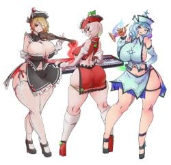 ghost greenm instrument lunasa_prismriver lyrica_prismriver merlin_prismriver poltergeist sisters thick thick_thighs touhou