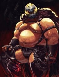 bara bdsm_gear bear bondage cape doom doom_slayer helmet leather_daddy leather_harness male male_only muscular muscular_male pecs pierced_nipples sanchomps scars tactical_nudity