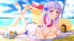 1girls anklet armlet azur_lane barefoot beach bikini blush bow breasts cleavage cygnet_(azur_lane) cygnet_(sea_star_on_shore)_(azur_lane) feet hairbow hat jewelry large_breasts lavender_hair long_hair looking_at_viewer lying on_stomach parted_lips purple_eyes shirouzu_myuuta untied untied_bikini