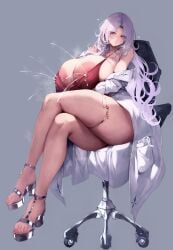 absurdres alna_(mu5fal) breasts chair coat commentary_request doctor dress feet female highres huge_breasts lactation lactation lactation_through_clothes large_areolae legs long_hair nail_polish original projectile_lactation red_dress red_eyes sitting solo thighs toenail_polish toenails toes unworn_coat white_coat white_hair