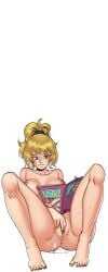 anus barefoot black_background blonde_hair blue_eyes blush book breasts cg completely_nude feet female female_masturbation fingering freckles full_body hairband hentai_heroes kinkoid large_breasts looking_at_viewer lying masturbation medium_breasts mitarashi_anko navel nipples nude official_art parody ponytail pornography pussy pussy_juice reading scrunchie short_hair simple_background sitting smile solo solveig_(hentai_heroes) spread_legs sweat toes transparent_background twintails uncensored
