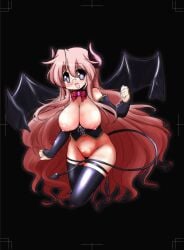 1girls :d armwear big_breasts black_background blush breasts breasts_out corset demon demon_girl demon_horns demon_tail demon_wings erect_nipples female glasses heart-shaped_pupils horns lucky_star miyuki_takara mizushima_(p201112) no_bra no_panties pink_hair pink_nipples ribbon simple_background smiling_at_viewer solo succubus thighhighs wings