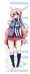 1girls big_breasts blush breasts character_name copyright_name employee_uniform female glasses lawson long_hair looking_at_viewer lucky_star miyuki_takara mizushima_(p201112) pink_hair pleated_skirt purple_eyes red_skirt skirt smile smiling_at_viewer socks solo uniform very_long_hair white_background