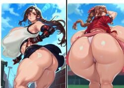 aerith_gainsborough ai_generated black_hair breasts brown_hair eigaka_(style) final_fantasy final_fantasy_vii green_eyes huge_breasts hyper hyper_breasts red_eyes thong tifa_lockhart white_skin
