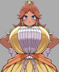 1girls blue_eyes breasts brown_hair crown detritus dress earrings female flower_earrings gloves highres huge_breasts jewelry looking_at_viewer mario_(series) necklace nintendo princess_daisy simple_background solo solo_female solo_focus white_gloves