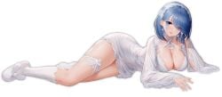 azur_lane black_background blue_eyes blue_hair blush breasts cg chapayev_(azur_lane) chapayev_(white_cavalier's_respite)_(azur_lane) choker cleavage dress earrings eyes_visible_through_hair female full_body hair_between_eyes hairband high_heels jewelry kneehighs lace lace-trimmed_dress lace_trim large_breasts long_sleeves looking_at_viewer lying mole mole_on_breast nightgown official_alternate_costume official_art on_side open_mouth piano see-through see-through_dress short_hair simple_background slippers smile socks solo thigh_strap thighs transparent_background underwear white_background white_choker white_dress white_footwear white_hairband white_socks