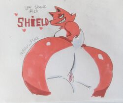 1girls anthro anthrofied ass canine eyelashes female female_only furry grin heart huge_ass logo looking_at_viewer looking_back meow_fuck nintendo no_humans nude original_character pokemon pokemon_ss pussy red_fur shield sketch smile tail teeth text thick_thighs watermark white_fur wide_hips wolf