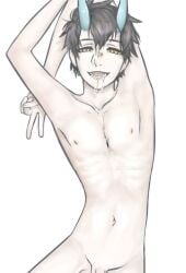 black_hair cum cum_in_mouth cum_leaking cum_leaking_out_of_mouth cum_on_chest demon demon_horns demon_humanoid flaccid gay golden_eyes horn incubus light-skinned_male light_skin male male_only naked naked_male nipples nude nude_male pale-skinned_male pale_skin penis pose seikiri_borealis seikiri_borealis_(utau) smaller_male smile succubus twink utau utauloid yaoi yellow_eyes