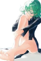 1girls barefoot black_dress curly_hair dress feet foot_focus green_eyes grey_hair highres long_sleeves looking_at_viewer mono_(lovenedesiko) one-punch_man pelvic_curtain short_hair simple_background solo tagme tatsumaki thighs white_background
