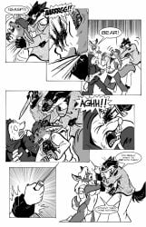 2011 ambush anthro arm_grab backpack big_claws bikini black_and_white black_body black_claws black_fur blood blood_from_eye bodily_fluids canid canine catching cheek_tuft claws clenched_teeth clothing comic countershade_neck countershading cruelty dagger death deer dialogue english_text evil_grin eye_gouge eye_injury eye_wound eyewear facial_tuft fatal_wound female fight fur glasses gore grin grotesque_death group gulonine hair hi_res holding_dagger holding_melee_weapon holding_object holding_weapon hood_up hoodie imminent_death impalement inner_ear_fluff intimidation jack_salem killing long_claws long_tail male mammal marten melee_weapon monochrome mustelid musteline pained_expression pince-nez pushing_away rodent roz_gibson sable_(marten) scared scared_expression scared_face screaming serial_killer sharp_teeth shocked slit_throat smile speech_bubble stab stabbed_in_eye surprise_attack swimwear tail teeth text topwear torn_sweater tuft two-piece_swimsuit violence weapon whiskers