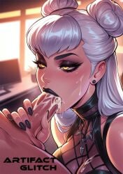 ai_generated artifactglitch blowjob cum cum_on_penis evelynn fishnet_clothing goth holding_penis k/da_all_out_evelynn k/da_series league_of_legends