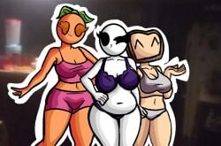 3girls alternate_version_available background bald bald_female belly belly_button big_breasts black_eyes bra bread breasts chetoh chubby chubby_female claire_(chetoh) cleavage egg female female_focus female_only food food_creature height_difference leaf leaf_hair looking_at_viewer multiple_girls no_mouth oc orange orange_skin original original_character original_characters panties photo_background pink_bottomwear pink_top purple_bra purple_panties smile smiling tan_skin white_body white_bra white_panties