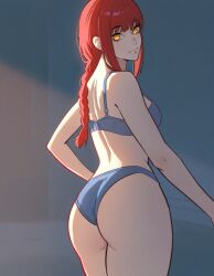 1girls ai_generated ass blue_bra blue_panties blue_underwear bra chainsaw_man female makima_(chainsaw_man) panties red_hair solo underwear underwear_only yellow_eyes zloimakak