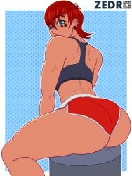 ass ass_focus back_view big_ass big_breasts big_butt big_nipples big_thighs big_titties blush butt_focus clothing curvaceous curvaceous_female curvaceous_figure curvy curvy_figure curvy_hips female female_focus female_only looking_at_viewer original original_character pircing red_eyes red_hair short_hair zedro