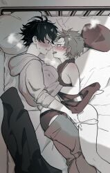 2girls after_kiss armpit_crease ass bed_frame bed_sheet blanket blush breasts breath clothes_lift clothes_pull curtained_hair ear_blush ear_piercing earrings eye_contact eyelashes feet_out_of_frame female film_grain forehead_blush from_above from_side genderswap_(mtf) groping hair_between_eyes hand_under_clothes hand_under_shirt harai_kuko heavy_breathing highres hood hood_down hoodie hypnosis_mic imminent_kiss japanese_clothes jewelry kimono large_breasts long_eyelashes looking_at_another lying monochrome multiple_girls multiple_piercings nbnekochan oerba_yun_fang on_bed on_side open_mouth panties pants pants_pull panty_pull parted_lips piercing pillow plug_(piercing) rule_63 shade shirt shirt_lift short_hair sleeveless sleeveless_kimono sleeves_pushed_up small_breasts smile spiked_hair sports_panties sweatpants tongue tongue_out underwear undressing_another v-shaped_eyebrows yamada_ichiro yuri