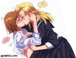 2girls blonde_hair blush bra breasts brown_hair embarrassed female female/female female_only females femdom hand_on_breast jujutsu_kaisen kissing kugisaki_nobara lesbian_kiss saki_rindo tabasco_hots tagme unbuttoned unbuttoned_shirt white_background yuri