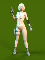 1girls 3d ashley_graham blonde_hair breasts completely_naked completely_nude completely_nude_female female full_body gun midriff nipples resident_evil_4 resident_evil_4_remake short_hair zeneox