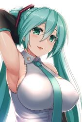 aqua_eyes arm_behind_head arm_up armpits arms_behind_back arms_up big_breasts breasts detached_sleeves female hatsune_miku hormone_koijirou looking_at_viewer necktie nipples sideboob simple_background twintails upper_body vocaloid white_background