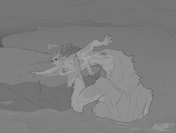 4:3 anthro astora_avali avali bodily_fluids deity duo genitals grass greyscale hi_res korzakov lake licking male male/male monochrome monster multi_eye oral penile penis penis_lick plant saliva sex size_difference surprise tentacle teratophilia tongue unknown_species water zach_(korza)