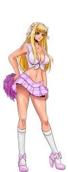 blonde_hair blue_eyes bow breasts cg cheerleader cheerleader_solange_(hentai_heroes) cleavage crop_top female front-tie_top full_body hair_ribbon hairband hand_on_own_hip hentai_heroes high_heels kinkoid kneehighs large_breasts legs lips long_hair looking_at_viewer midriff miniskirt navel official_art parody pink_skirt plaid plaid_skirt pom_pom_(cheerleading) shiny_skin shirt shoes simple_background skirt smile socks solange_(hentai_heroes) solo standing suzumiya_haruhi tied_shirt transparent_background white_socks